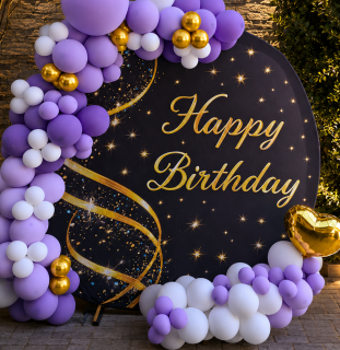 PŮJČENÍ: potah na 2m kruhový stojan černý se zlatým nápisem HAPPY BIRTHDAY